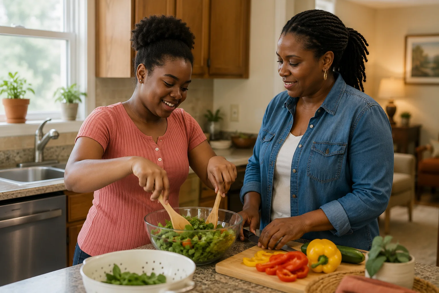 Resident and caregiver preparing a meal together
